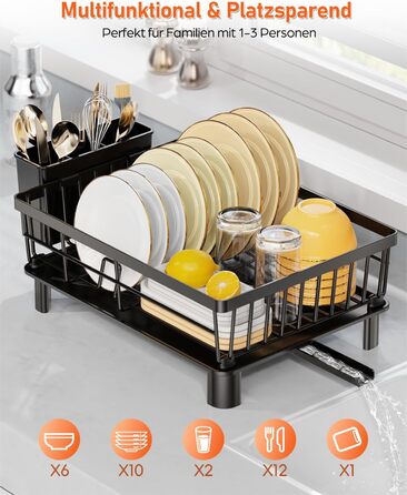 LIONONLY Dish Drainer Rack, Small Dish Drainer with Drip Bowl, Stainless Steel Dish Drainer with Drip Surface and Swivel Spout, Dish Drying Rack for Space-Saving