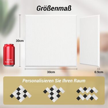 Акустичні панелі TONOR самоклеючі, 18 шт, квадратні 30x30x0,9 см, звукопоглинаючі плити зі щільного поліестеру для стін, стелі та дверей, білі