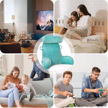 Подушка для читання з велюру, подушка для сидіння в ліжку для дорослих, спинка для ліжка з круглою подушкою, подушка для відпочинку в ліжку з підтримкою спини та рук, кишеню та знімний чохол (Синій / Зелений)