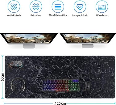 Ігровий килимок для миші Zindoo XXL 1200x600 мм з топографічним візерунком (Artistic Curve, чорний)