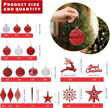 Набір 108 шт. новорічних кулічок Aufun Premium: пластик, верхівка, зірка, безпечні прикраси, багаторазові, кольори: шампань, червоний, срібний