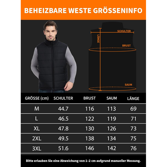 Гріюча жилетка для чоловіків та жінок з Powerbank 18400mAh, 10 зон нагріву, для кемпінгу, мотоциклів, катання на лижах, чорна, розмір L