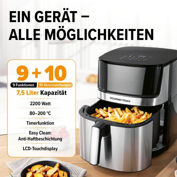 Gourmetmaxx 4-in-1 Digital Air Fryer | Powerful Air Fryer 2200 W | Low-Fat + Energy-Saving Frying with Touch Display & Timer Function - 7.5L | [Includes 10 Programs] Stainless Steel / Black 7.5 Liters