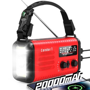 Радіо Kurbelradio на сонячній енергії 20000mAh з AM/FM, SOS-сигналом, LED-ліхтариком та USB-зарядкою, червоне
