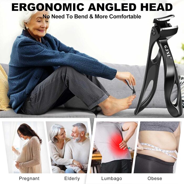 Ножиці для товстих нігтів, кутовий гострий нігтьовий кліпер для ніг з контейнером для чоловіків, довга ручка, вигнута леза (чорний)