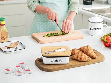 Butter dish with lid and butter spreader knife for countertop - Unbreakable metal container with high-quality double silicone seal, for kitchen farmhouse decor