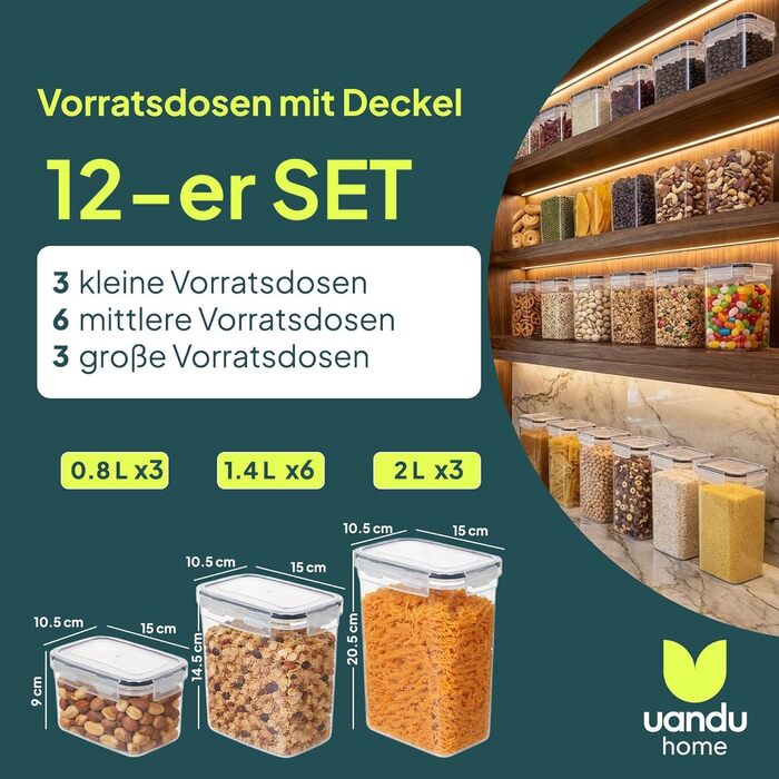 Набір контейнерів для зберігання продуктів Uandu (12 шт.) герметичні, BPA-free, для кухні - для цукру, борошна, круп, з етикетками та маркером, чорний