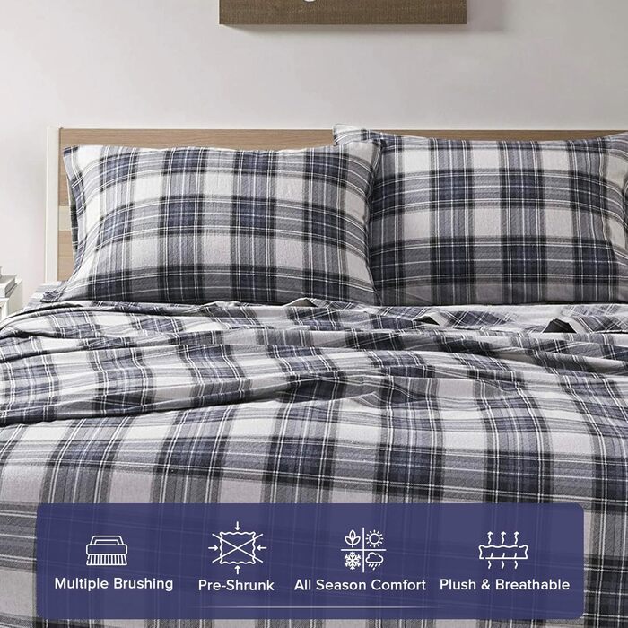Comfort Spaces Cotton Flannel Sheet Set with Pillowcases, Breathable, Warm, Deep Pocket, for King Size Beds, Blue Tartan, Scottish Plaid Pattern, 4-Piece