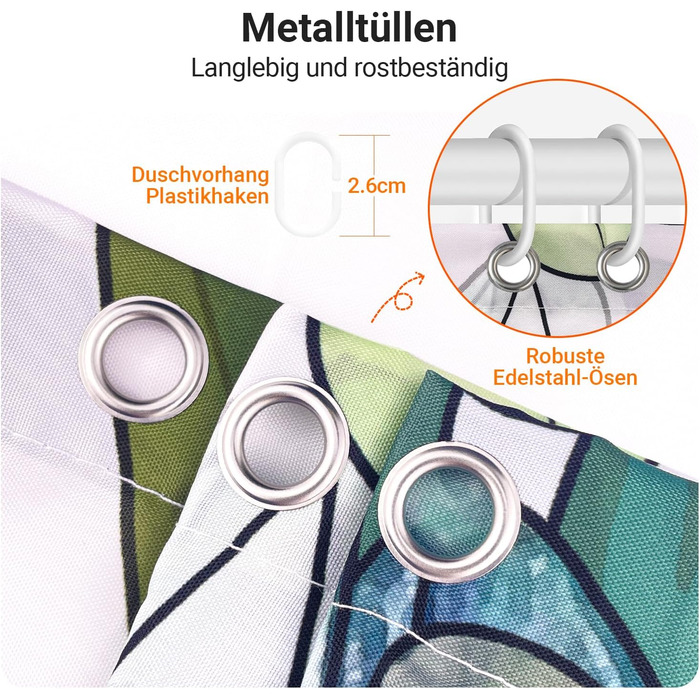 Штора для душу 300x200 см, зелені листки, антигрибкова, текстильна, з обтяженим краєм, водовідштовхувальна, поліестер, з кільцями та 16 гачками для ванної кімнати
