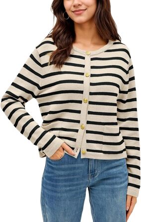 Жіноча коротка в'язана жилетка з двома кишенями на ґудзиках, смугаста, повсякденний осінній кардиган з круглим вирізом, модний в'язаний пуловер (L, Абрикосовий)