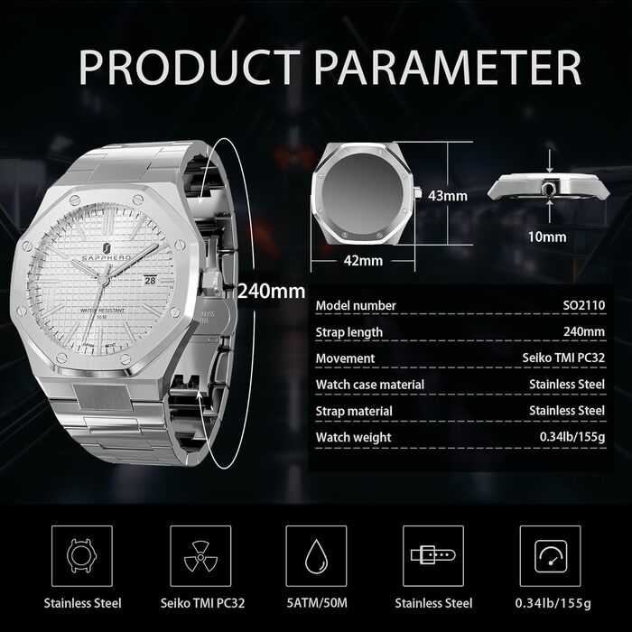 Годинник SAPPHERO для чоловіків: класичні кварцові годинники з нержавіючої сталі, водонепроникні 50M, з календарем. Елегантний подарунок для чоловіків. Срібний колір, білий циферблат.