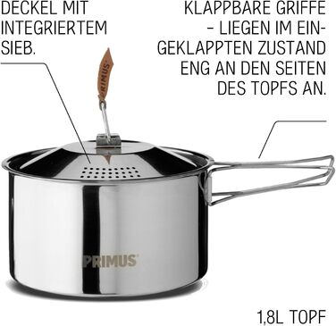 Набір посуду Primus Outdoor Campfire Cookset - нержавіюча сталь, 1.8 л, 21 см, для кемпінгу та приготування їжі на вогні та газових плитах