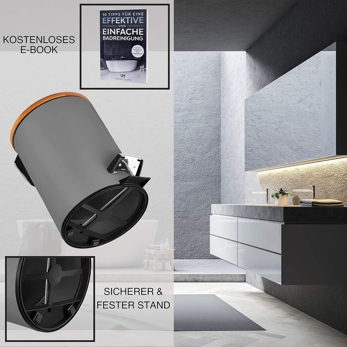 Смітник для косметики VMbathrooms з педаллю та бамбуковою кришкою, Soft-Close, 3 л, матово-сірий