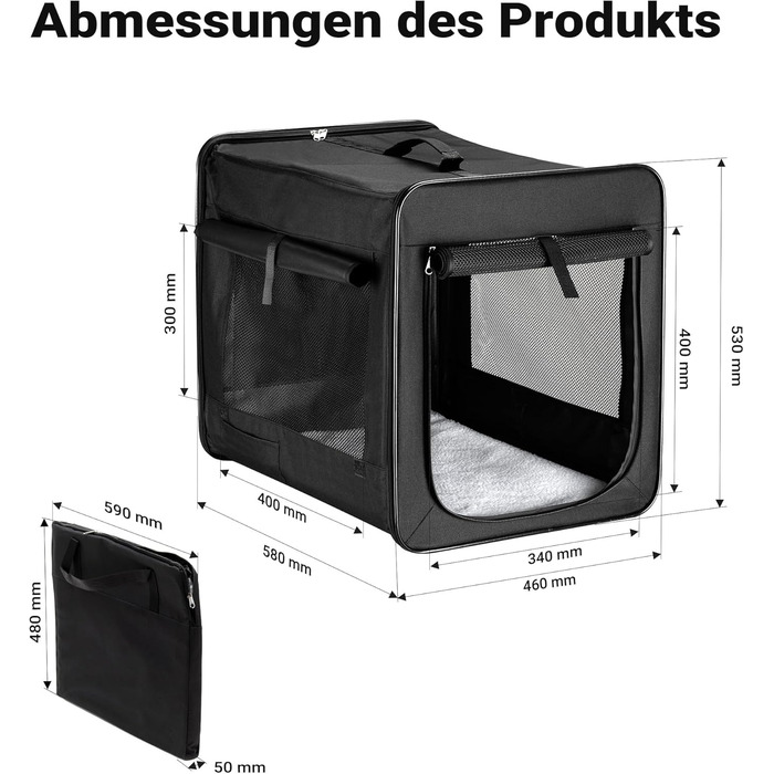 Транспортна переноска для собак та котів Wiltec, чорна, 58x46x53 см, складна, з подушкою