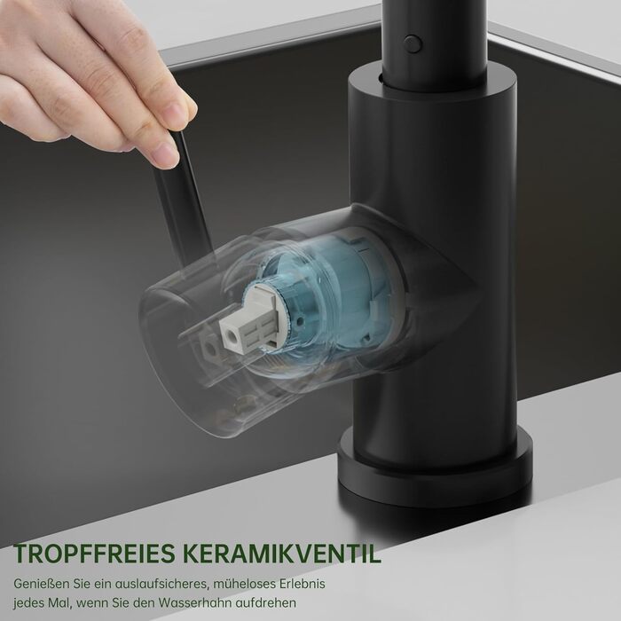 Змішувач кухонний DAYONE з висувною лійкою, нержавіюча сталь, 3 режими, поворотний на 360°, для кухонної мийки (15 см), матовий чорний