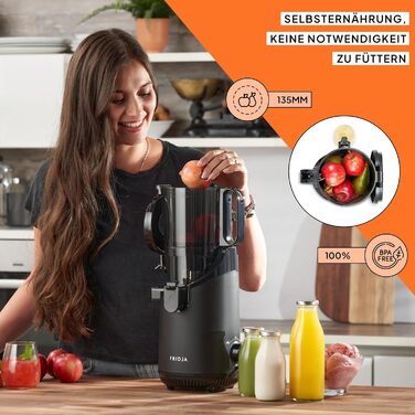 Powerful self-feeding whole fruit masticating juicer, 135 mm feeding chute, 250 W, cold-pressed juice, nut milk, masticating juicer Fridja F2500