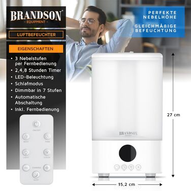 Зволожувач повітря Brandson 2.5 л, ультратихий (30 дБ), пульт, дисплей, 3 режими туману, RGB, нічний режим, для спальні, дитячої, вітальні