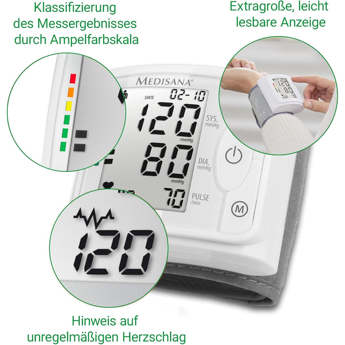 Тонометр на зап'ястя Medisana BW 320 - точний вимір артеріального тиску та пульсу, пам'ять, великий дисплей, індикатор артеріального тиску, виявлення аритмії та попередження