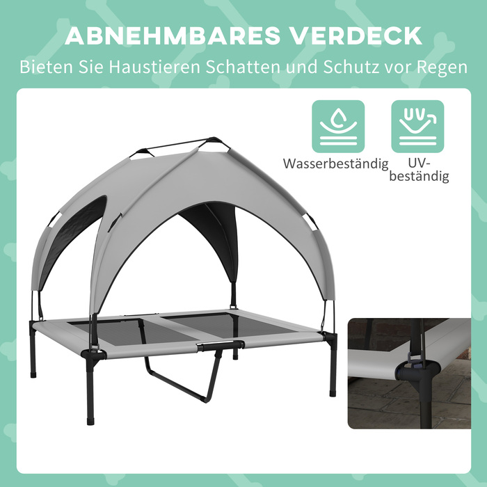 PawHut Elevated Dog Bed with Canopy, Pet Bed, Outdoor Dog Lounger with Roof, Breathable, for Large Dogs Light Grey Oxford 91 x 76 x 89 cm | Aosom