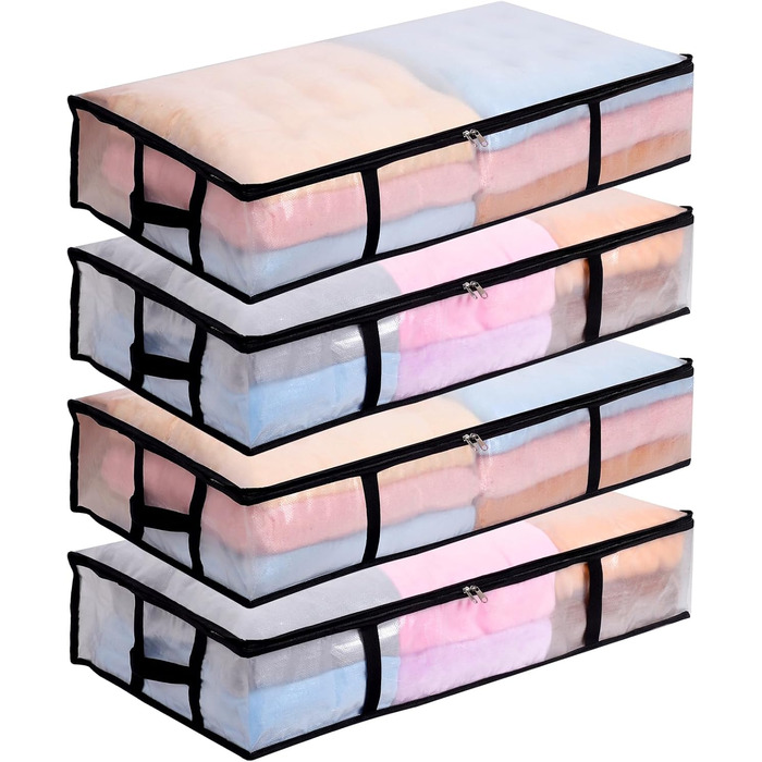 4 шт. Коробки для зберігання під ліжко 90л з кришкою, прозорі, великі, складані, з ручками, для постільних речей, подушок, одягу (4 шт.)