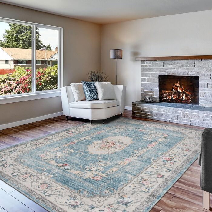 Килим TALETA для вітальні, спальні, офісу: вінтажний, квітковий, 140x200 см, блакитний