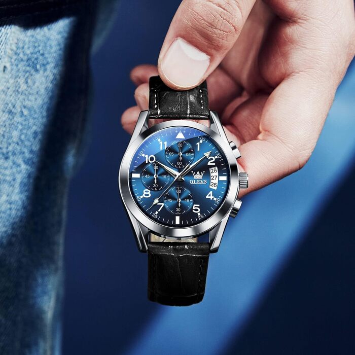 Годинник чоловічий OLEVS Vintage з шкіряним ремінцем, велике циферблат, водостійкий, з датою (2878, блакитний циферблат/чорний ремінець)