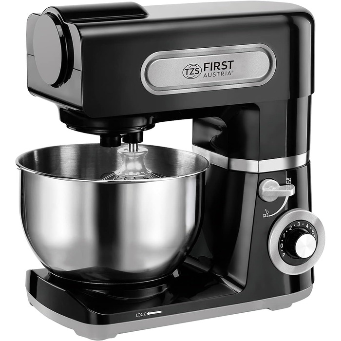 Кухонна машина TZS First Austria професійна | Міксер з чашею 6 л, 1500 Вт, 6 швидкостей, з набором насадок (міксер, гак для тіста, вінчик), нержавіюча сталь