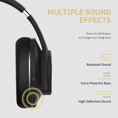 Навушники Bluetooth DOQAUS Over-Ear, 90 годин роботи, бездротові, з 3 EQ-режимами, HiFi стерео, складні, з мікрофоном, м'які амбушюри, для телефонів/подорожей/офісу/ноутбуків/ПК - Чорний