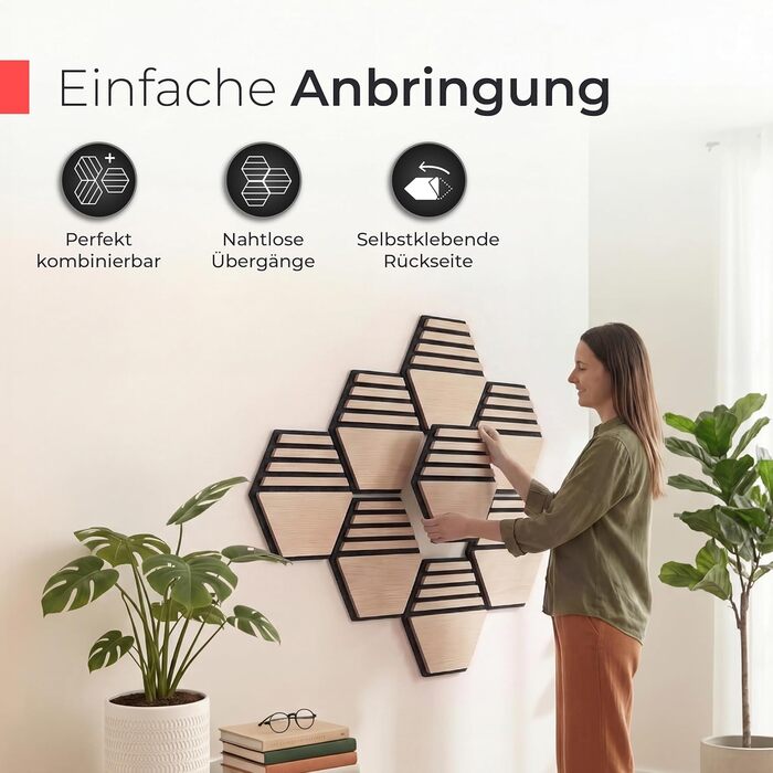 Акустичні панелі з натурального дерева горіх, самоклеючі 3D гексагони для шумоізоляції стін (набір 9 шт, 30x26 см, чорний фетр)