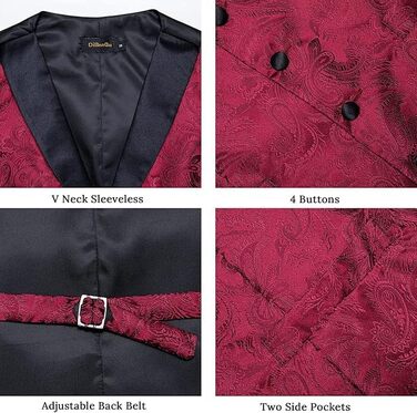 Костюмний жилет DiBanGu (5 шт.): жилет, краватка, нагрудна хустинка, запонки, кільце для краватки. Зелений/Чорний (L, Бордовий)