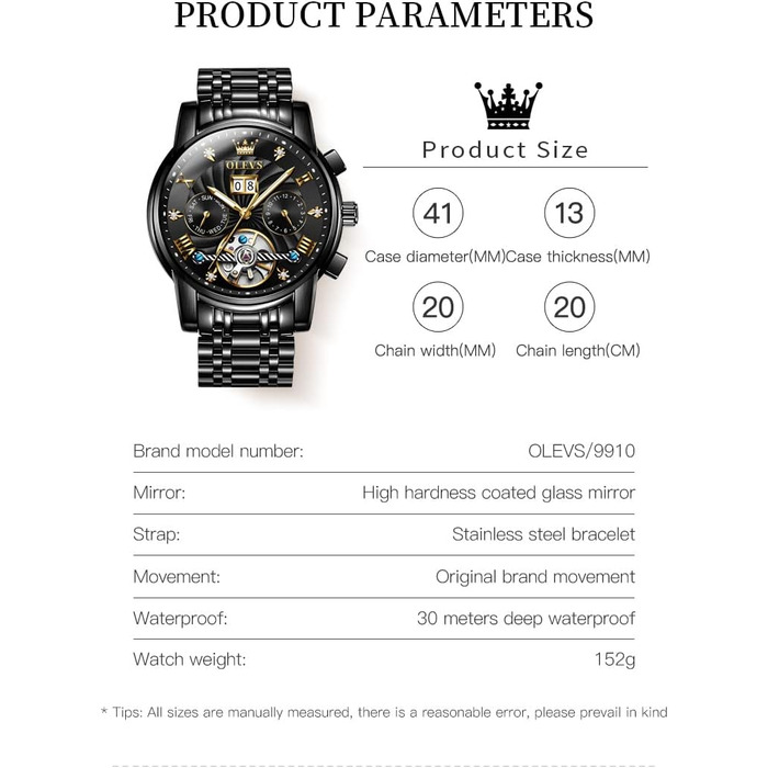 Чоловічий автоматичний скелетон-годинник OLEVS: механічний люксовий годинник із багатофункціональним календарем, водонепроникний, сталевий корпус, чорний