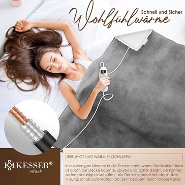 Електрична гріюча ковдра KESSER® 180x130 см з автовимкненням | 9 температурних режимів | Зручна ковдра на ліжко та диван | Можливість прання до 40°C | Сіра | з таймером та цифровим дисплеєм