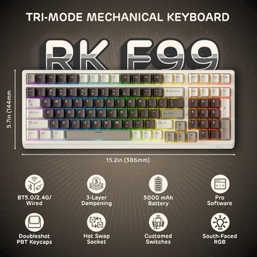 Механічна клавіатура RK ROYAL KLUDGE F99 з NumPad, Tri-Mode, Hot-Swap, 95/100 клавіш, BT/2.4G/USB-C, Pro-програмне забезпечення, акумулятор 5000 mAh, перемикачі Beige, колір Mokka Grey