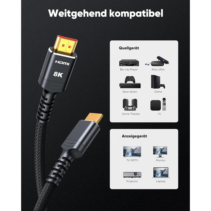 HDMI 2.1 кабель Highwings 3 метри: сертифікований, 8K/10K, 48Gbps, Ultra Highspeed, eARC, HDCP 2.2/2.3, DTS:X, HDR, сумісний з саундбаром, HDTV, монітором