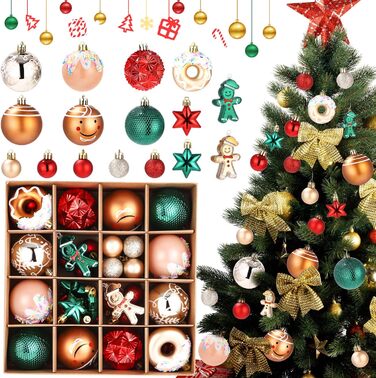 Набір прикрас для ялинки на Новий Рік: 42 штуки, кульки, червоний, зелений, золотий | Ялинкові прикраси
