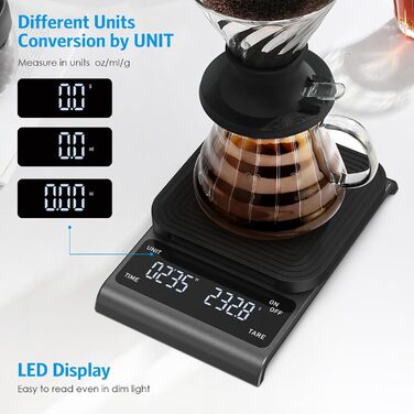 Ваги для кави Brifit з таймером, ваги для еспресо 3 кг/0.1 г, високоточні ваги, USB-зарядка, LED-дисплей, функція тарування, автовимкнення (Gunmetallgrau)