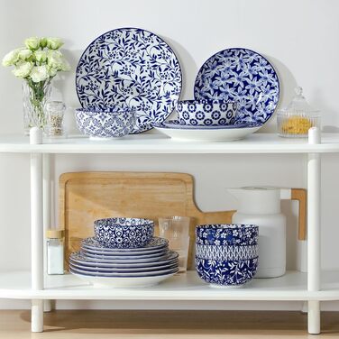 Набір посуду на 6 осіб Vancasso Selene 24-частинний: тарілки, супові тарілки, салатники, миски. Керамічний сервіз з порцеляни, блакитно-білий.