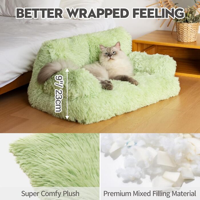 MEWOOFUN Stylish Cat Bed Cat Sofa Fluffy - 76x45cm Cat Bed Large Plush Cat Couch for Small Dogs and Cats Removable and Washable (green)
