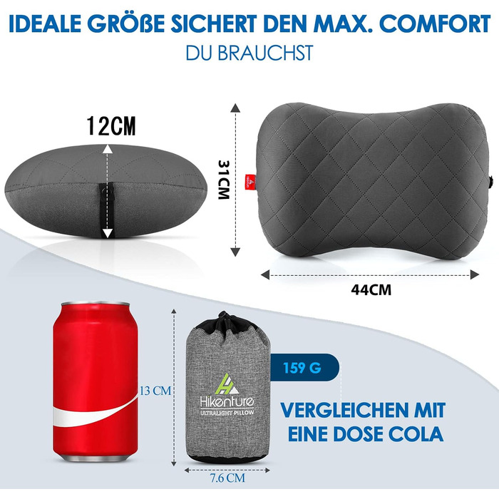 Надувна подушка для кемпінгу та подорожей HIKENTURE з знімним чохлом, ергономічна подушка для голови, комфортна подушка для шиї для подорожей/відпочинку на природі (Сірий)
