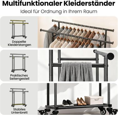 Стійка для одягу Treeboy на колесах, мобільна вішалка для одягу з 2 перекладинами та полицею, міцна до 95 кг, легко ковзаючі колеса, швидкий монтаж для спальні, вітальні, пральні, гардеробної (Чорний, 41Tx113Bx162H(2Rods))