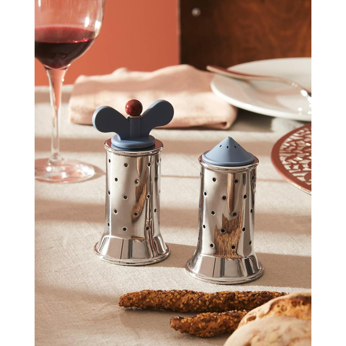 Alessi salt shaker made of stainless steel with lid and closure made of PA, black, 3 x 7 x 10 cm