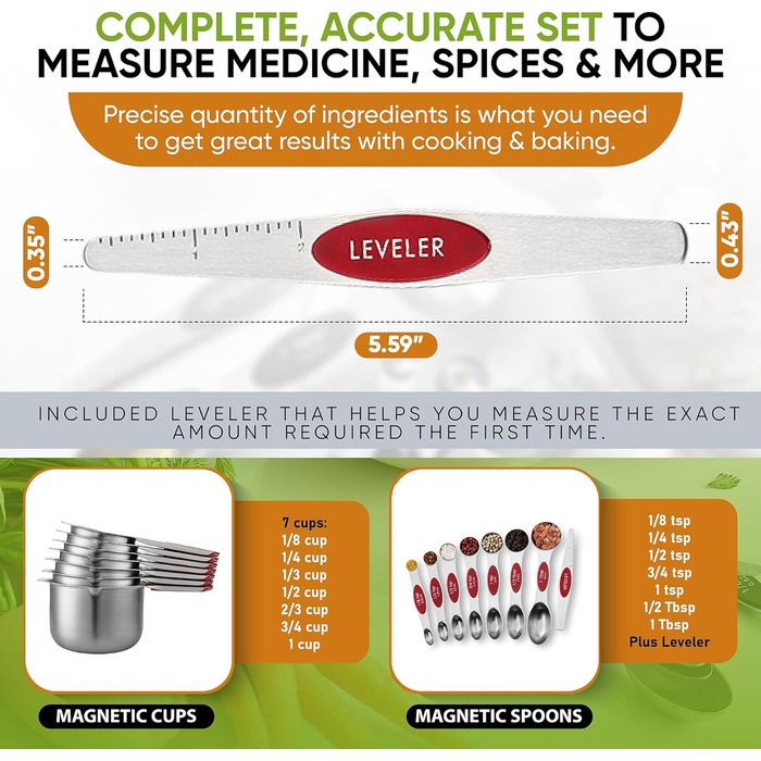 Spring Chef Magnetic Measuring Cup and Spoon Set (Patent Pending), strong N45 magnets, durable stainless steel, fits spice jars for baking & cooking, BPA-free, round, 15-piece set with