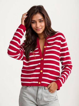 Жакет жіночий короткий з 2 кишенями на ґудзиках, смугастий пуловер, стильний осінній кардиган з круглим вирізом, модний в'язаний пуловер (S, Червоний)