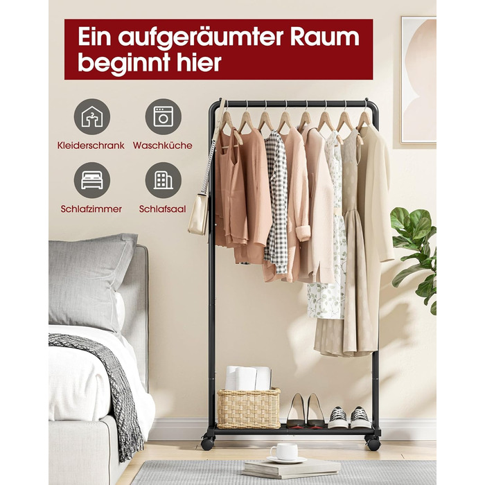 Металевий вішак для одягу на колесах, чорний, середній