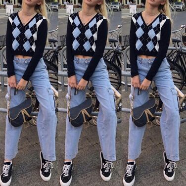 Жіночий пуловер на осінь з довгим рукавом, в'язаний кардиган у стилі ретро з візерунком аргайл/кліткою. Slim-fit, кроп-модель, верхній одяг.