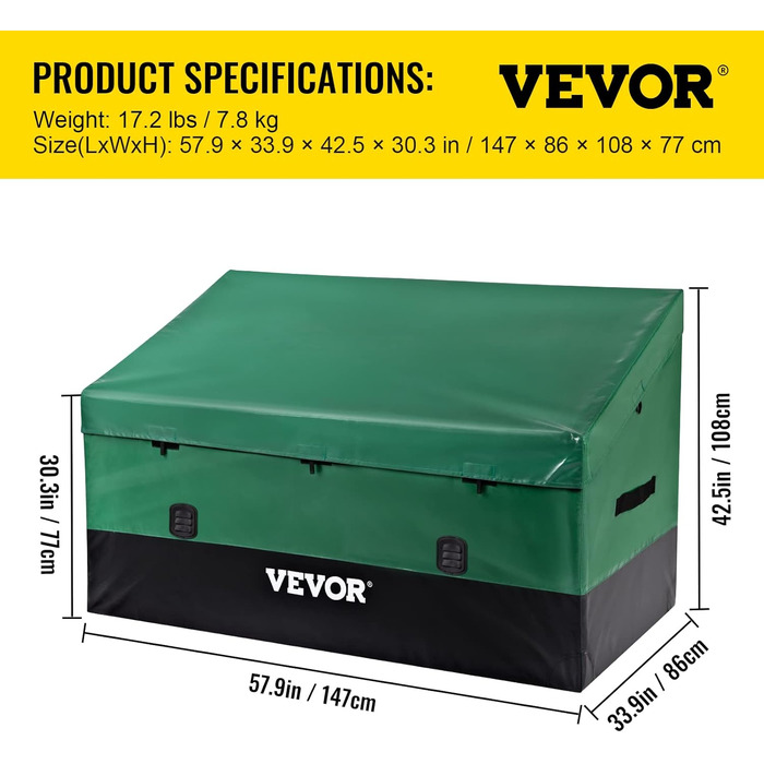 VEVOR Зовнішня коробка для зберігання 147x86x108 см, водонепроникна PE, садова скриня для подушок, для басейнів, дворів, гаражів, зелено-чорна