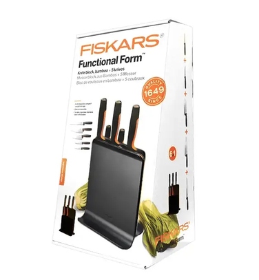 Набір ножів Fiskars Functional Form (5 предметів) у чорному підставці-блоці + точилка, 1057554