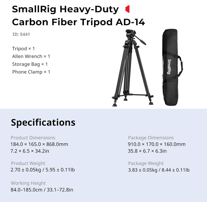 SMALLRIG 73'' важкий штатив для відеозйомки, вантажопідйомність 8 кг, QR-платформа Manfrotto 501PL, вага 3,1 кг, AD-14, 186 см (карбон)