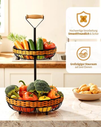 Двоярусний кошик для фруктів LEEJARD з синтетичного ротангу, знімний піддон, чорний (H:45 Dm:29 см)
