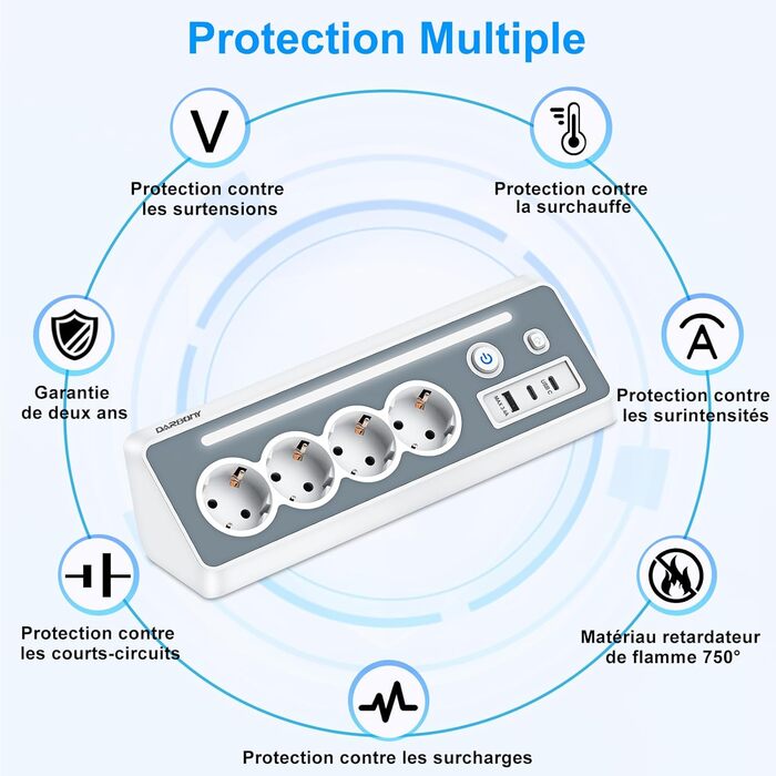 Мережевий фільтр з USB та 2 Type-C, 4 розетки, кутова розетка, мережева смуга з LED-підсвічуванням, захист від перенапруги 3680W 16A, 90° розгалужувач з вимикачем, кабель 1,5mm², білий для кухні/офісу